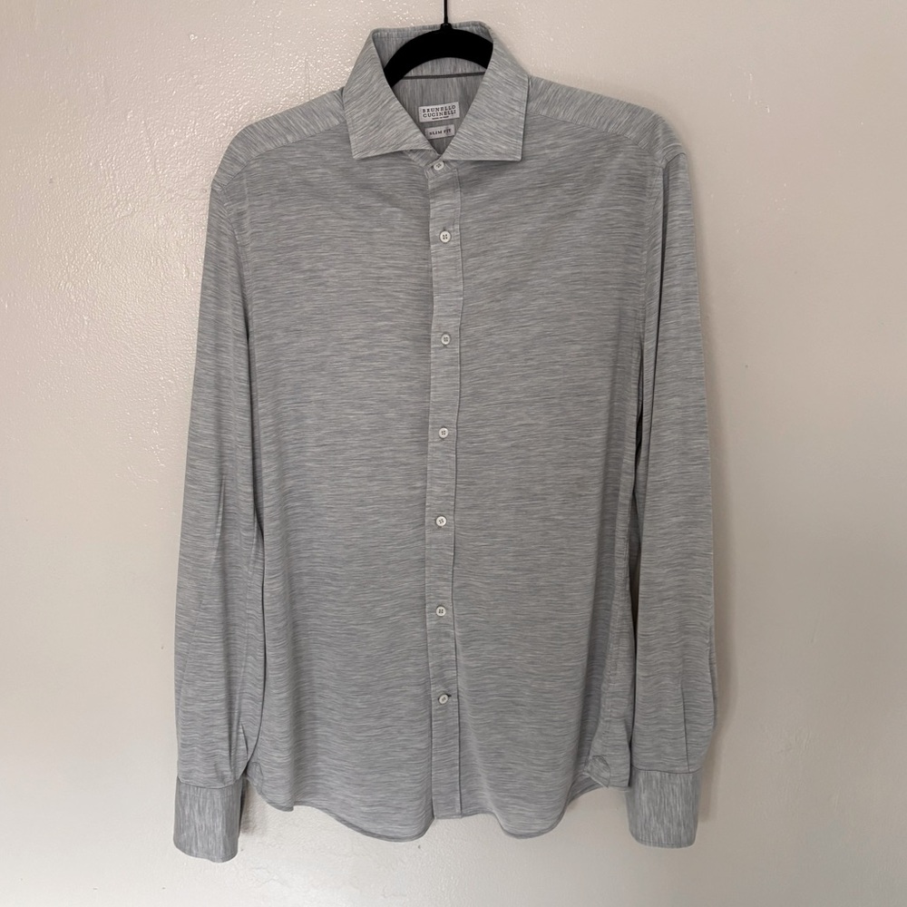 Brunello Cucinelli Grey Silk & Cotton Luxury Jersey Button-Up Slim Fit